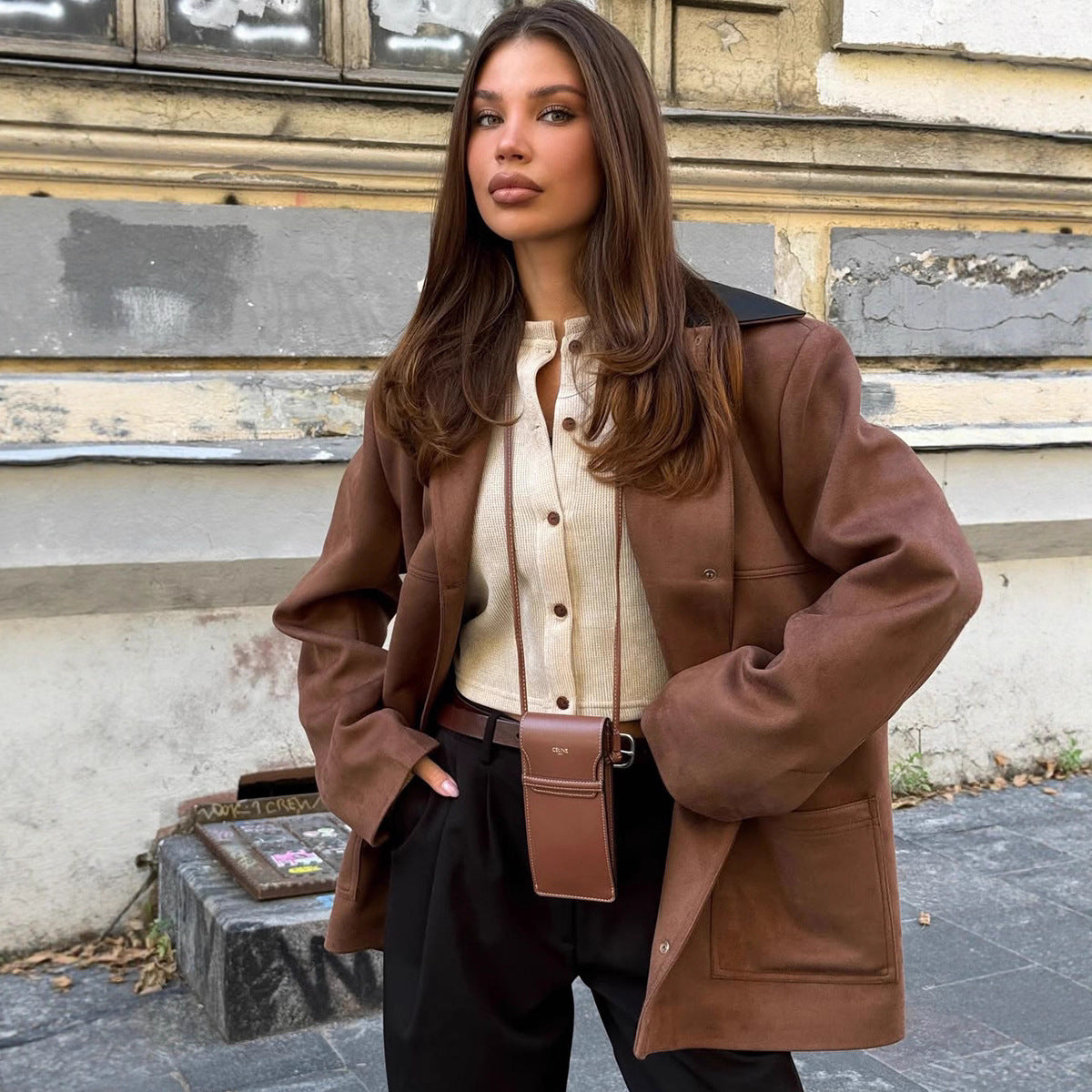 Damen oversized Kunstlederjacke mit schickem Kragen Sovae