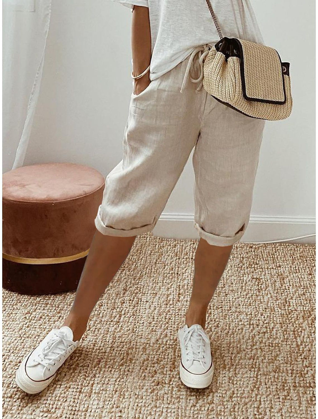 Damen lässige Leinen-Shorts mit elastischem Bund und praktischen Taschen Sovae
