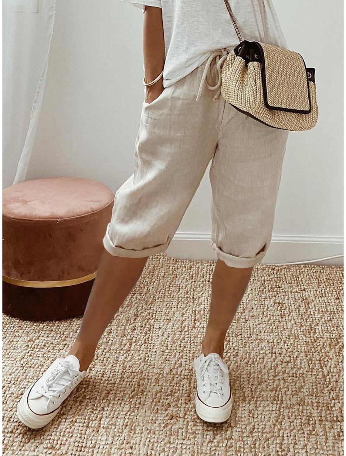 Damen lässige Leinen-Shorts mit elastischem Bund und praktischen Taschen Sovae