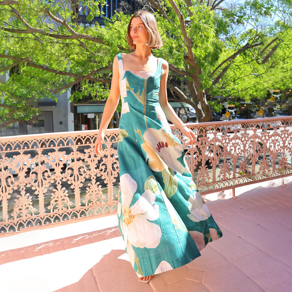 Damen Maxikleid mit breiten Trägern und floralen Motiven Sovae