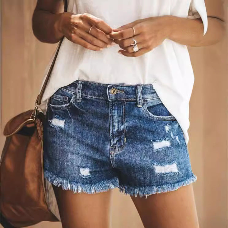 Damen Zerrissene Denim-Shorts mit fransigen Säumen Sovae