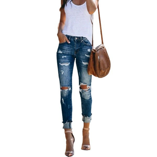 Damen Zerstörte Skinny Jeans mit hoch geschnittenem Bund und modischen Details Sovae