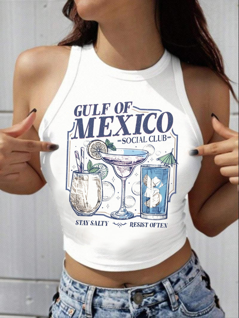 Damen Sportliches Cropped Tanktop mit Cocktailmotiv Sovae