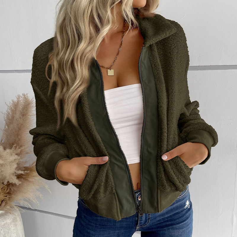 Damen Sportliche Plüschjacke mit Reißverschluss und praktischen Taschen Sovae