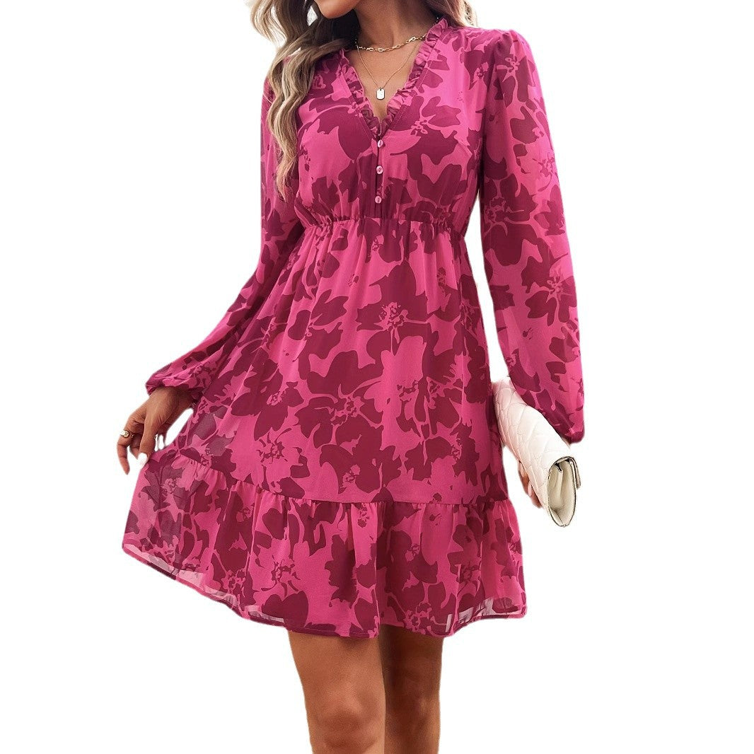 Damen trendiges Midikleid mit elegantem V-Ausschnitt und Rüschensaum Sovae