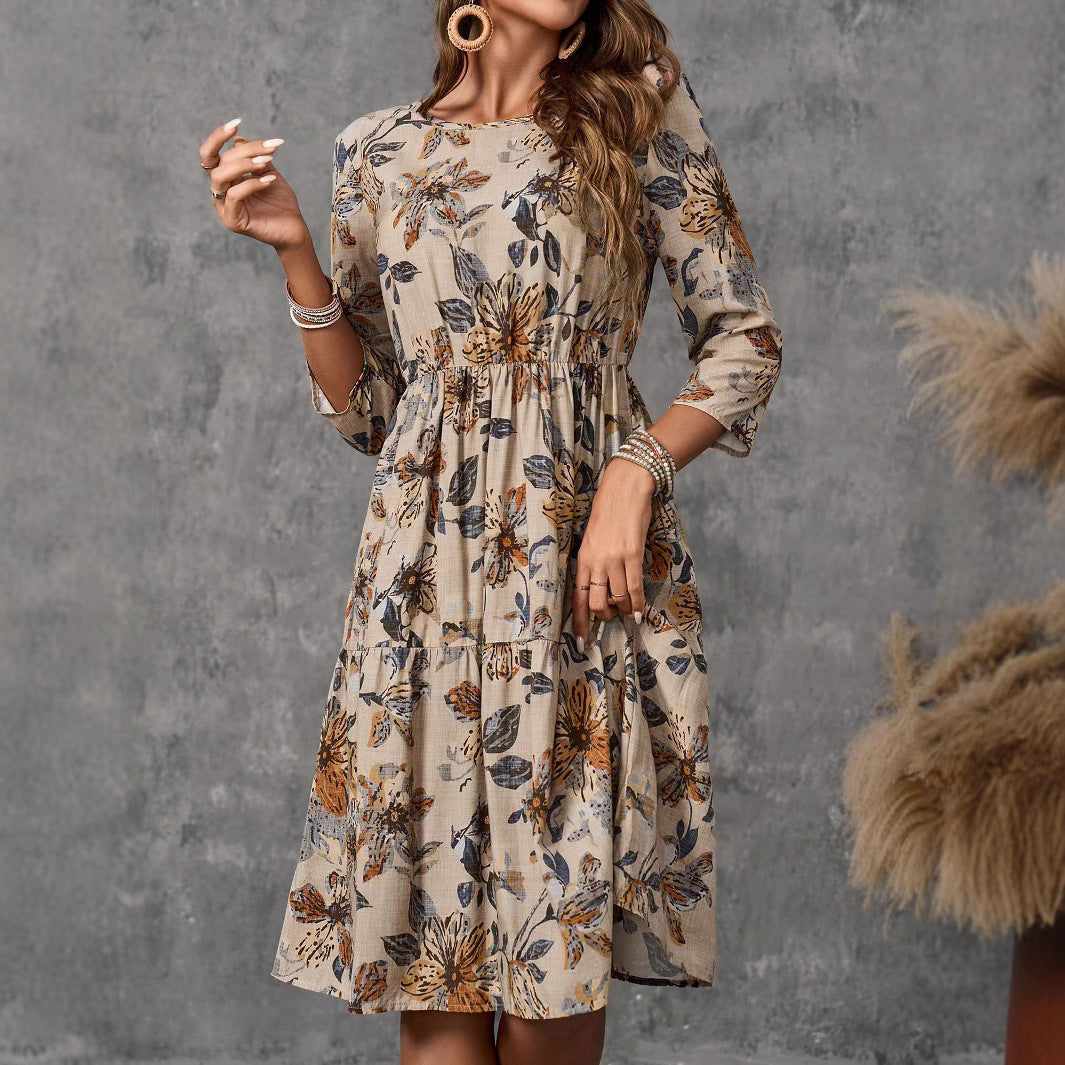 Damen Midikleid im verspielten Floral-Design mit ausgestelltem Rock und langen Ärmeln Sovae