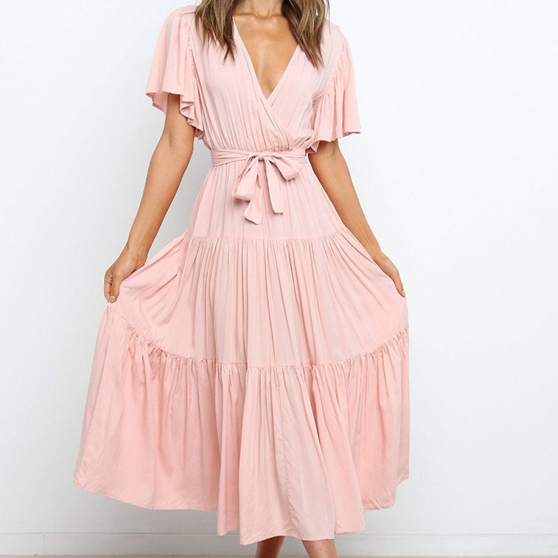 Damen Fließendes Maxi-Kleid mit Wickelbindung und Schmetterlingsärmeln Sovae