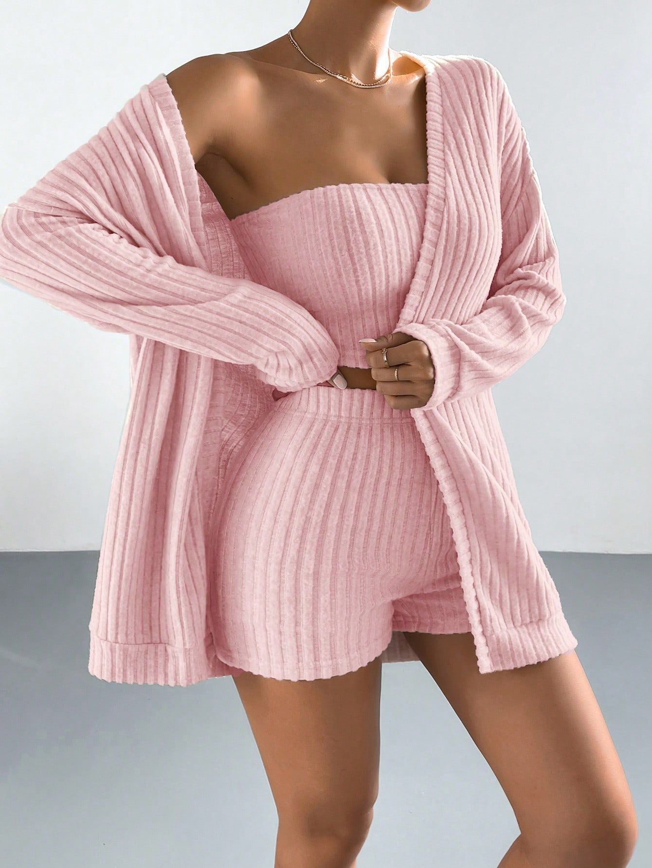 Damen Strick-Loungewear-Set mit langen Ärmeln und geripptem Design Sovae