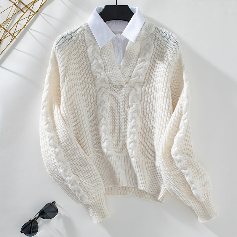 Damen Strickpullover mit Zopfdesign und modernem Kragen Sovae