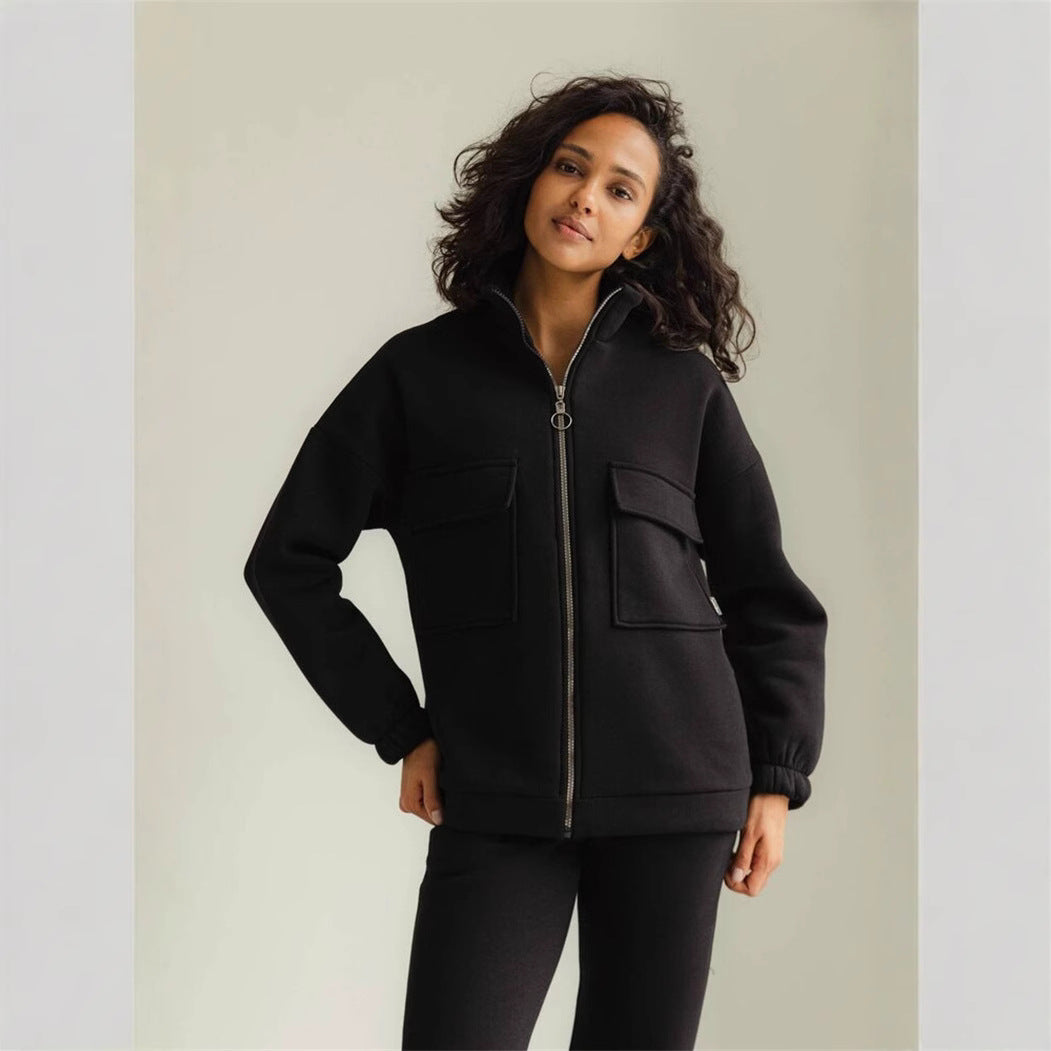 Damen sportlicher Fleece-Kapuzenpullover mit Reißverschluss und praktischen Taschen Sovae