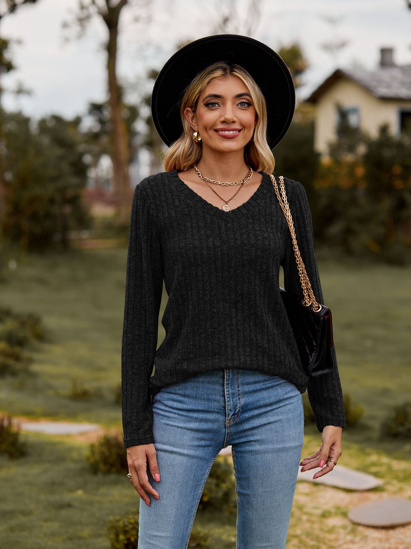 Damen Wohlfühlpullover mit geripptem Design und V-Ausschnitt Sovae