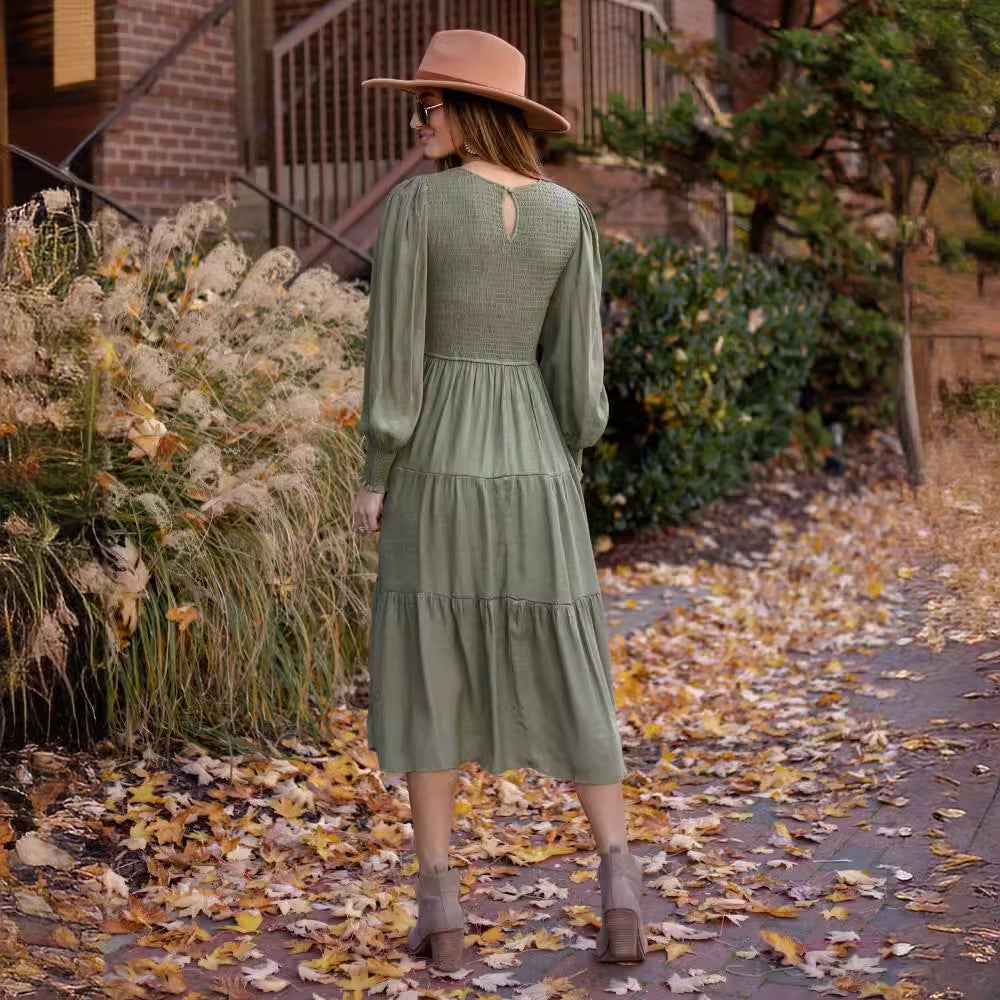 Damen Midi-Kleid mit Ballonärmeln und Rüschendetail Sovae