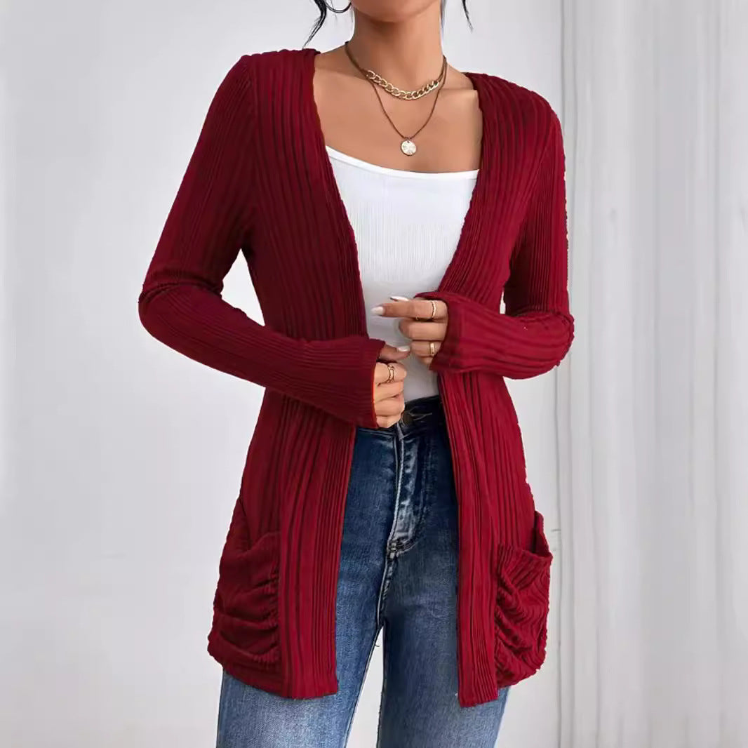 Damen lässiger Rippen-Strickcardigan mit aufgesetzten Taschen Sovae