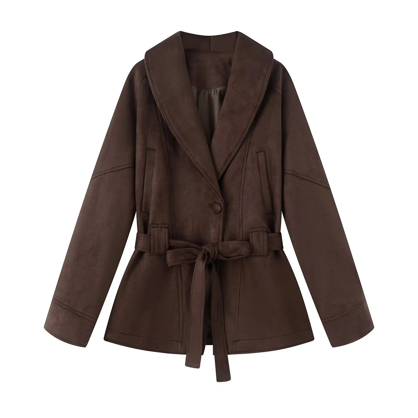 Damen modische Kunstlederjacke mit breitem Revers und taillierbarem Gürtel Sovae