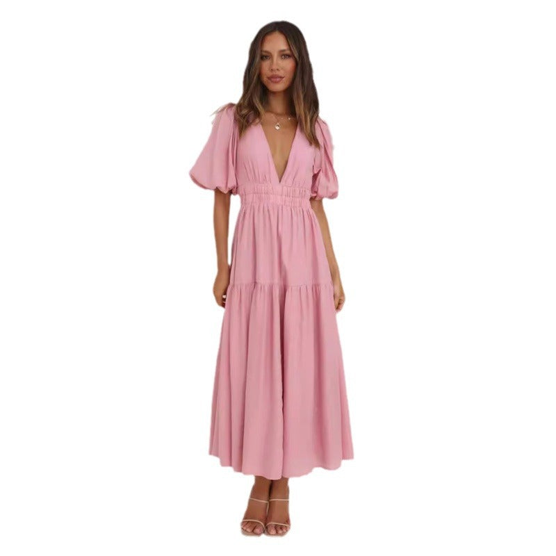 Damen Midi-Kleid mit Puffärmeln und tiefem V-Ausschnitt Sovae