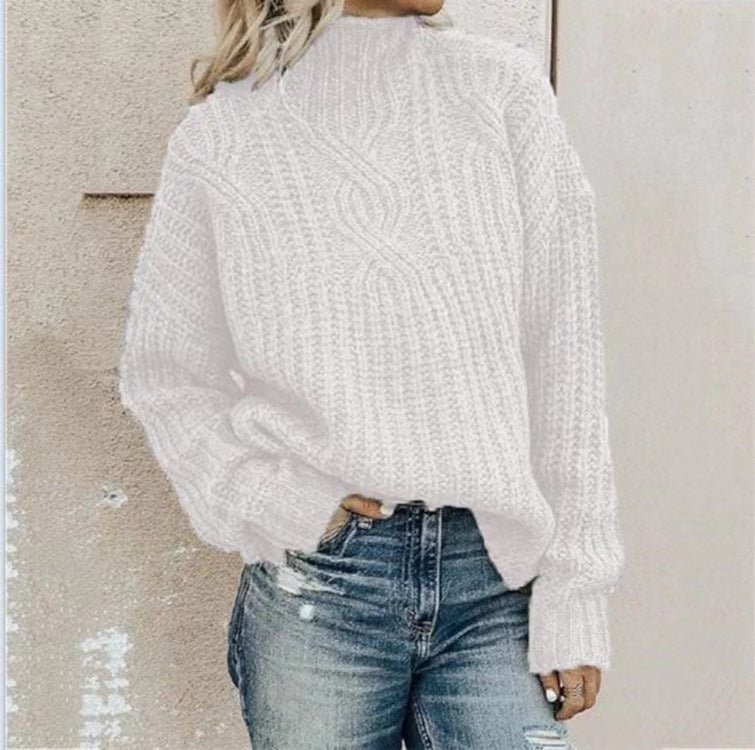 Damen Strickpullover mit hohem Kragen und Zopfmuster Sovae