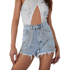Damen Glamouröse Denim-Shorts mit Strassdetails Sovae