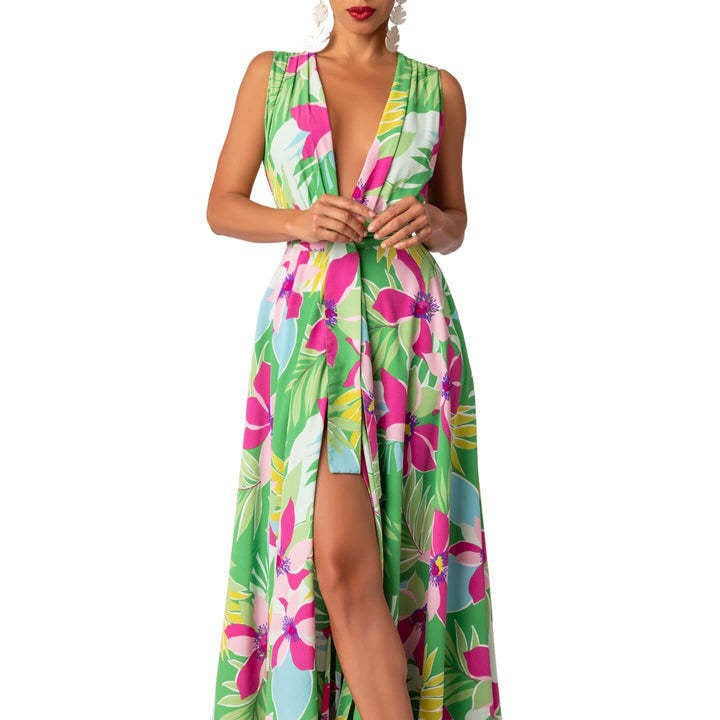 Damen Maxi-Kleid mit tiefer V-Ausschnitt und floralem Muster Sovae