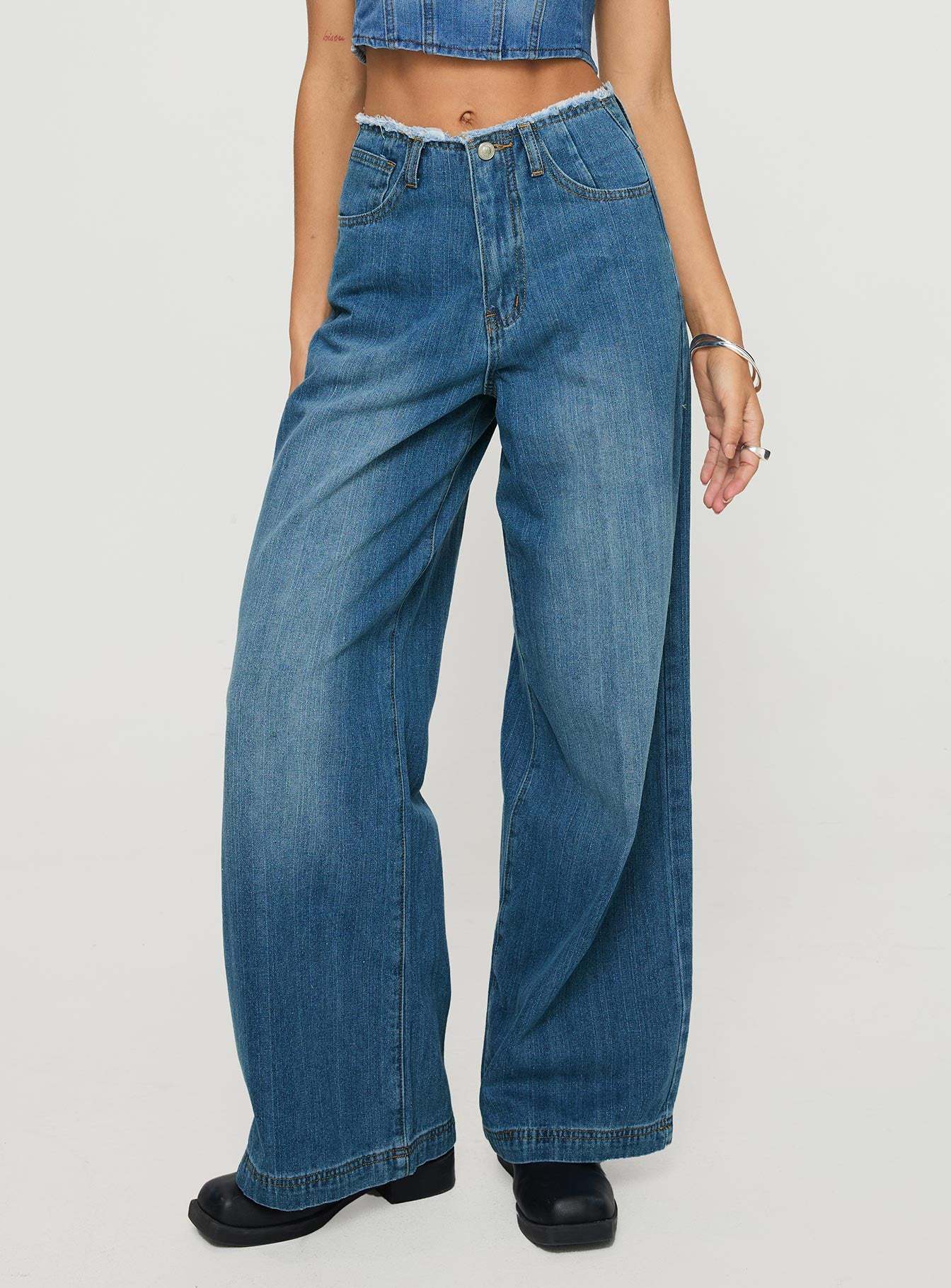 Damen Weit geschnittene High-Waist Jeans mit Fransen Sovae