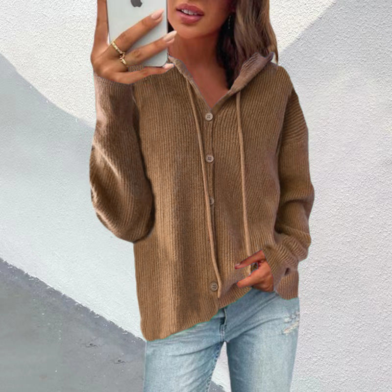 Damen Strickjacke mit Kapuze und Knopfleiste Sovae