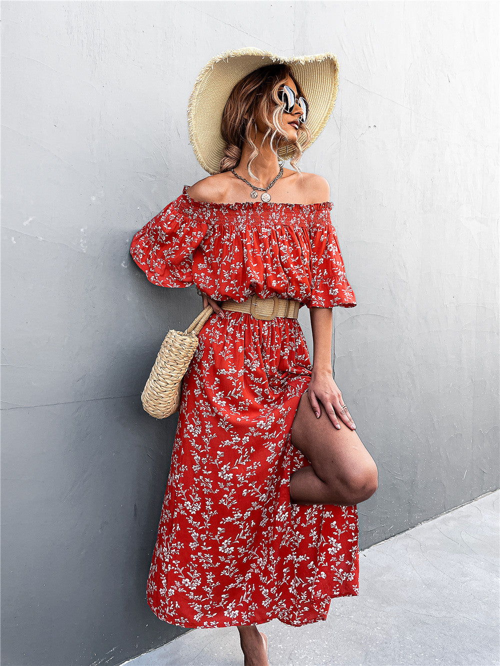 Damen Off-Shoulder Maxikleid mit floralem Print und Rüschendetails Sovae