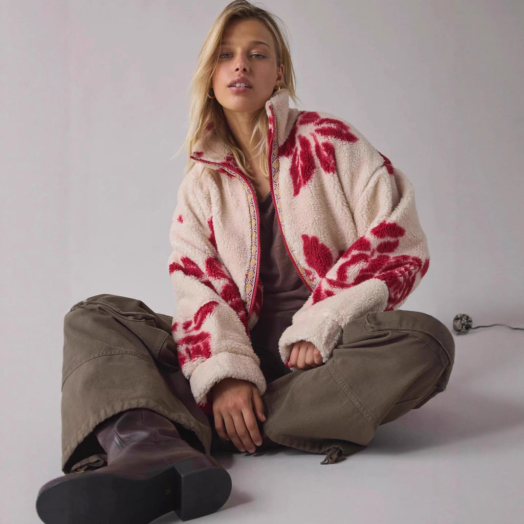 Damen Teddy-Fleece-Jacke mit floralem Muster und höherem Kragen Sovae
