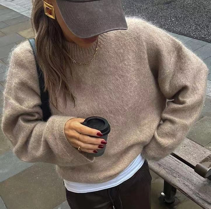 Damen gestrickter Pullover mit Rundhalsausschnitt und weiten Ärmeln Sovae
