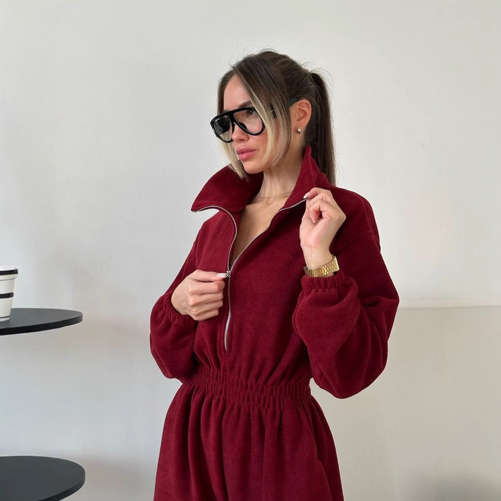 Damen Fleece-Loungeanzug mit hohem Kragen und elastischer Taille Sovae