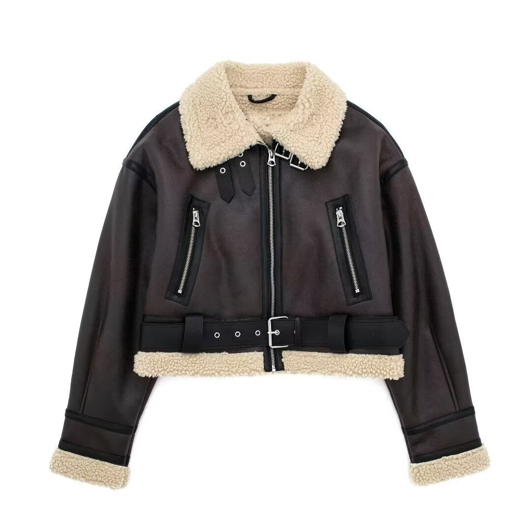 Damen modische Kurzjacke mit Schurwollkragen und Reißverschlusstaschen Sovae