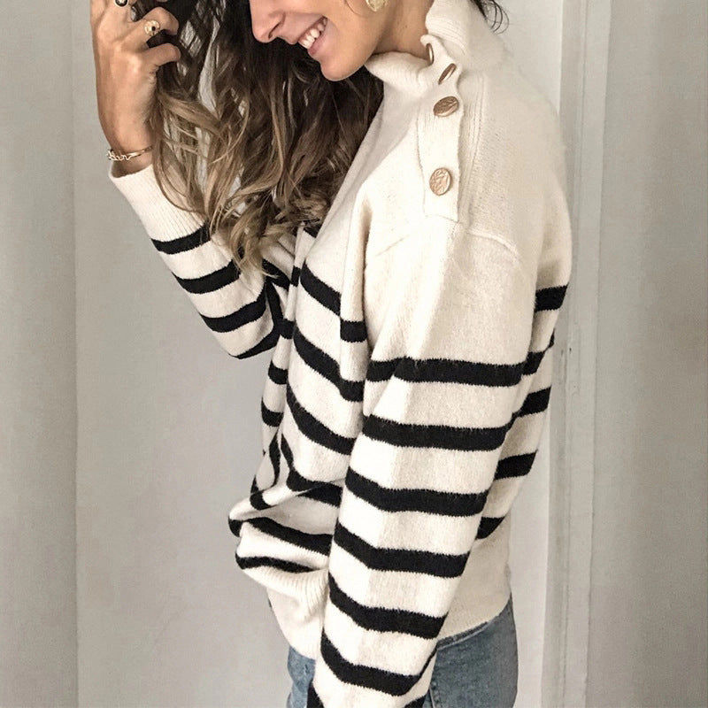 Damen lässiger Pullover mit Knopfdetails und modernen Streifen Sovae