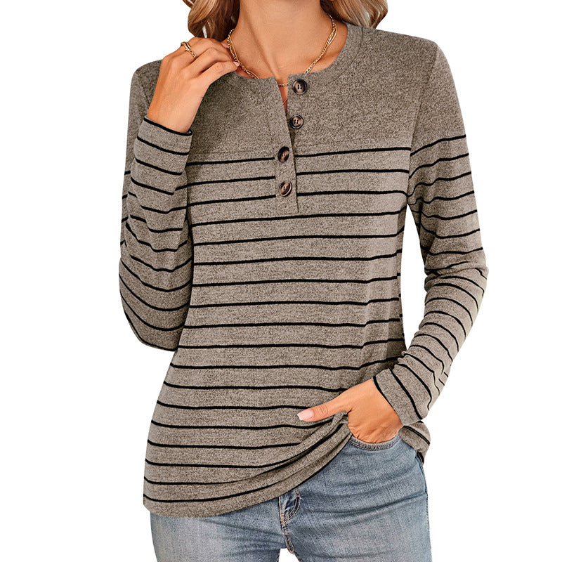 Damen Langarmshirt mit modischem Knopfverschluss und feinen Streifen Sovae