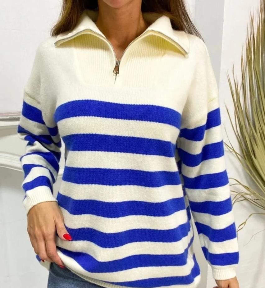 Damen gemusterter Pullover mit Stehkragen und Reißverschluss Sovae