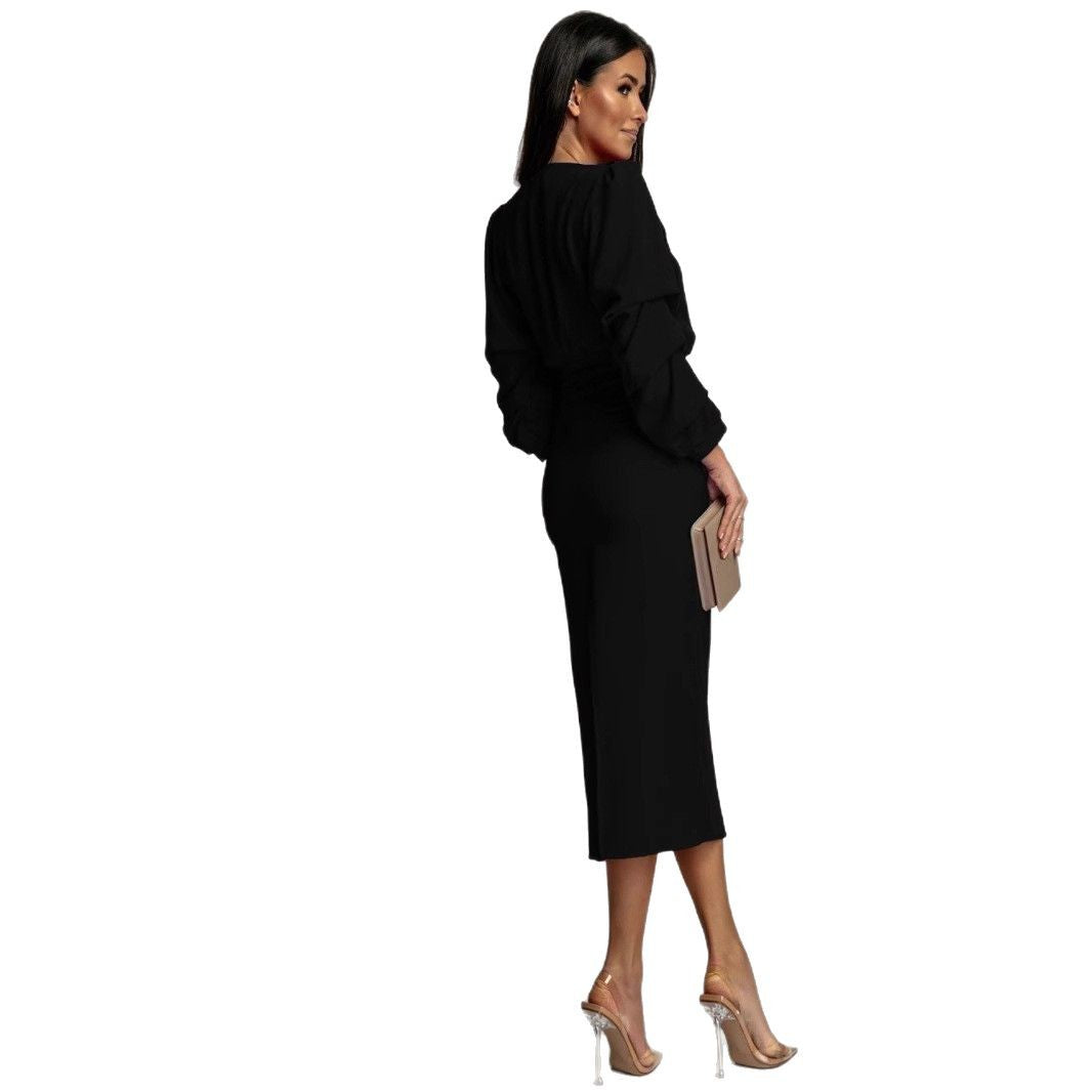 Damen Hochwertiges Wickelkleid mit Puffärmeln Sovae