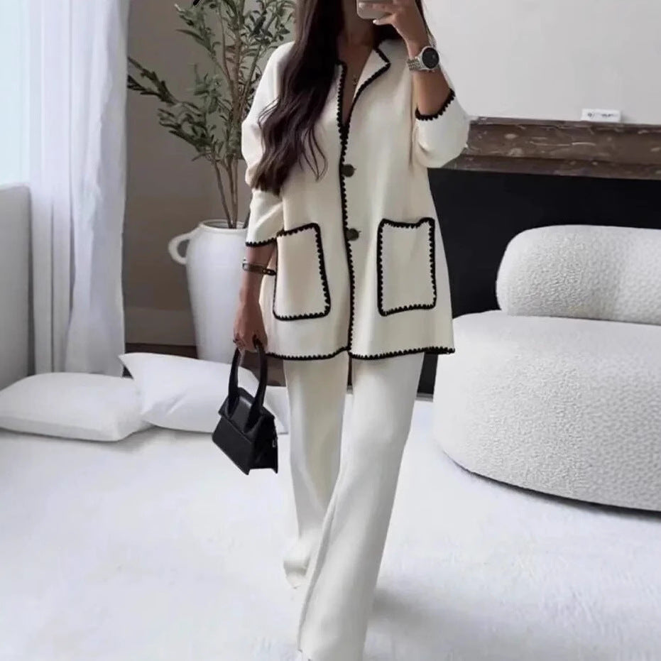 Damen modischer Cardigan-Anzug mit Kontrastnähten Sovae