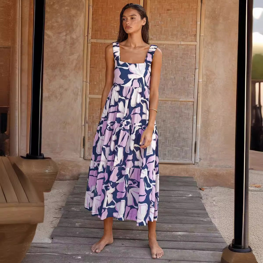 Damen Maxikleid mit breiten Trägern und mehrlagigem Volant Sovae