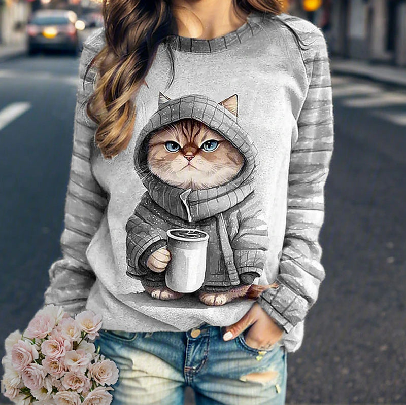 Damen Sweatshirt mit Katzenmotiv und Kapuze Sovae