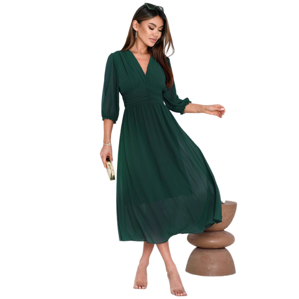 Damen Elegantes Maxikleid mit V-Ausschnitt und Puffärmeln Sovae