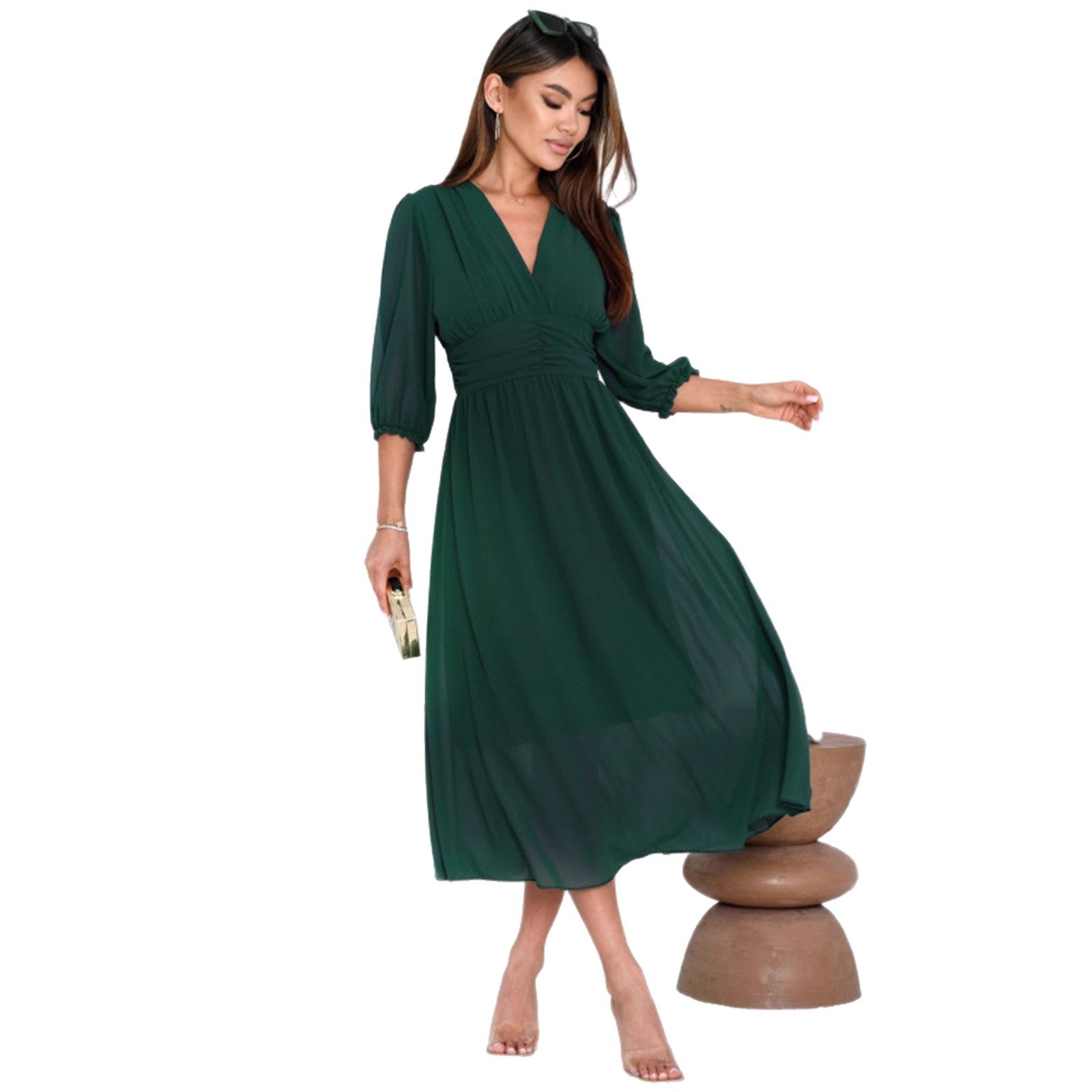 Damen Elegantes Maxikleid mit V-Ausschnitt und Puffärmeln Sovae