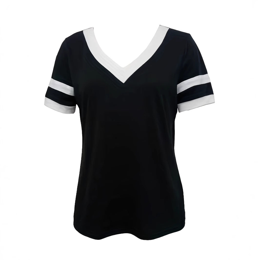 Damen Sportliches V-Ausschnitt T-Shirt mit Kontrastärmel Sovae