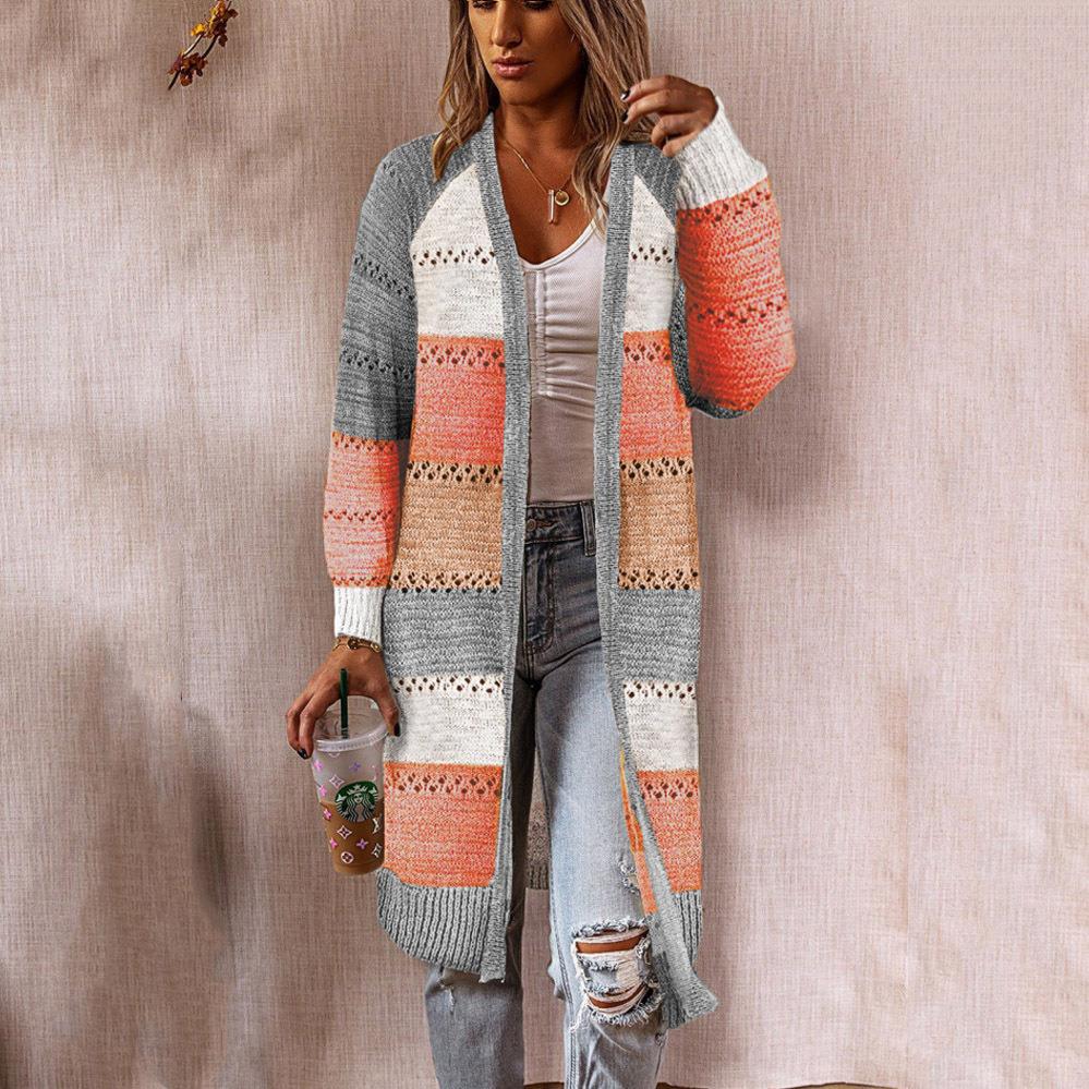 Damen Strickjacke im Retro-Patchwork-Stil mit langen Ärmeln und offenen Front Sovae