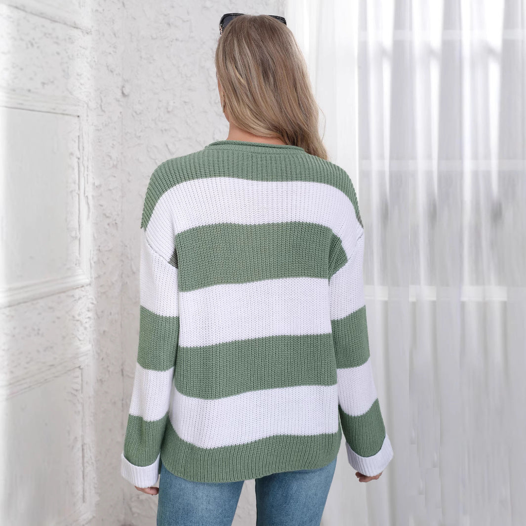 Damen lässiger Strickpullover mit breiten Streifen und lockerer Passform Sovae