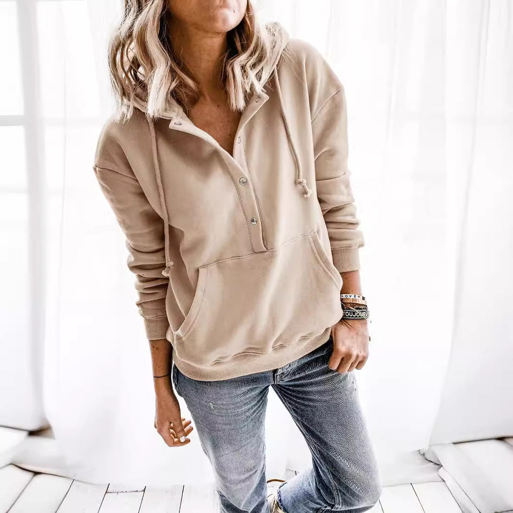 Damen Kapuzenpullover mit Knopfleiste und Taschen Sovae