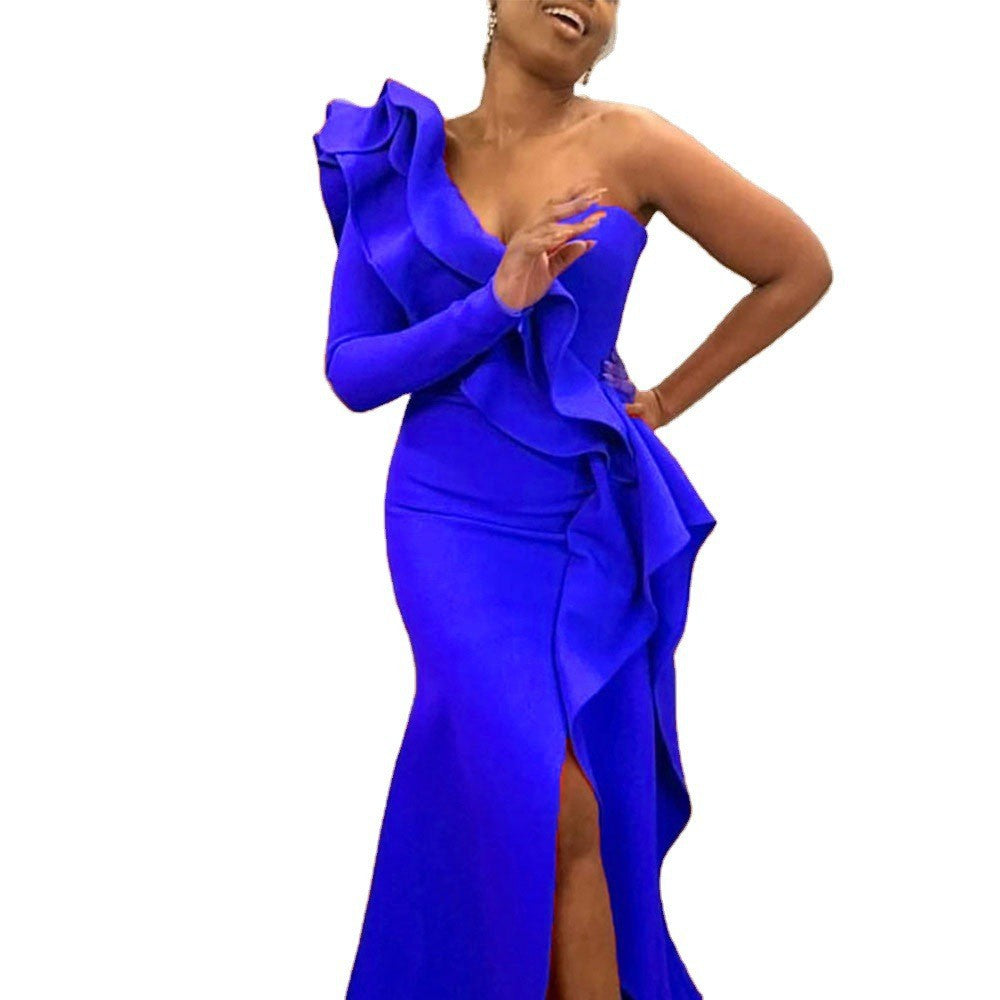 Damen Abendkleid mit asymmetrischem Rüschen-Design und hohem Schlitz Sovae