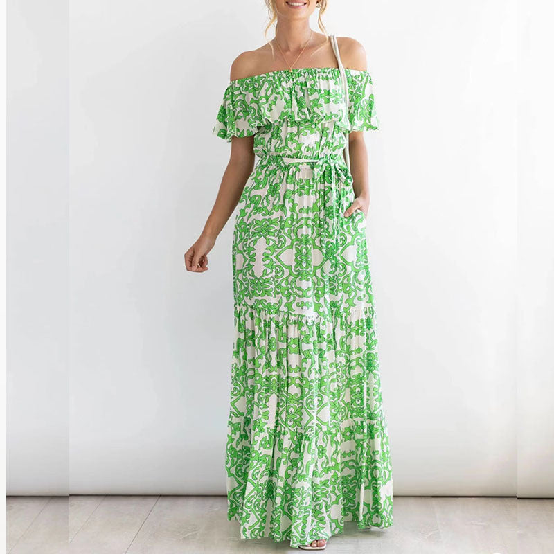 Damen Off-Shoulder Maxikleid mit floralem Muster und elastischem Taillengürtel Sovae