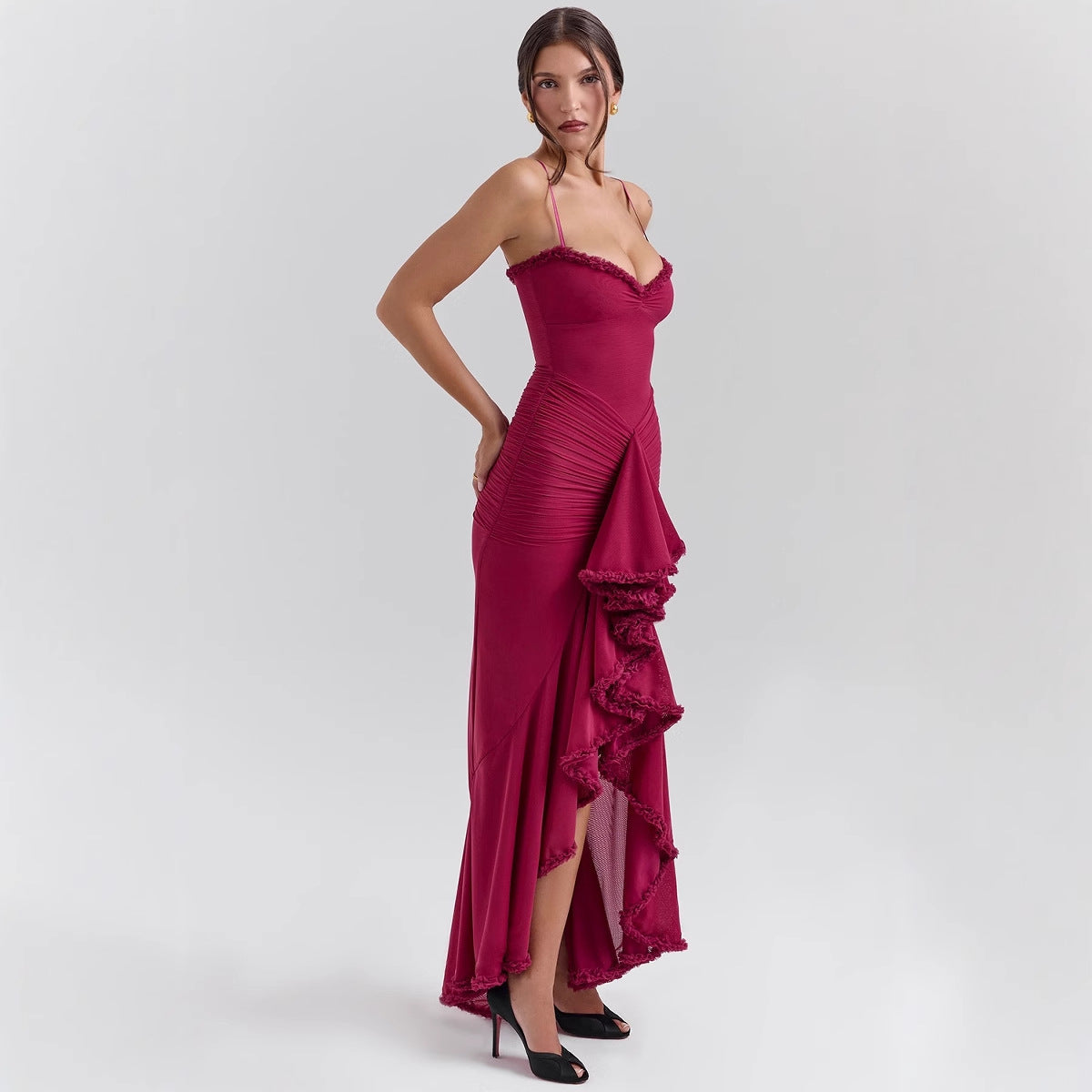 Damen elegantes Maxikleid mit Rüschendetails Sovae