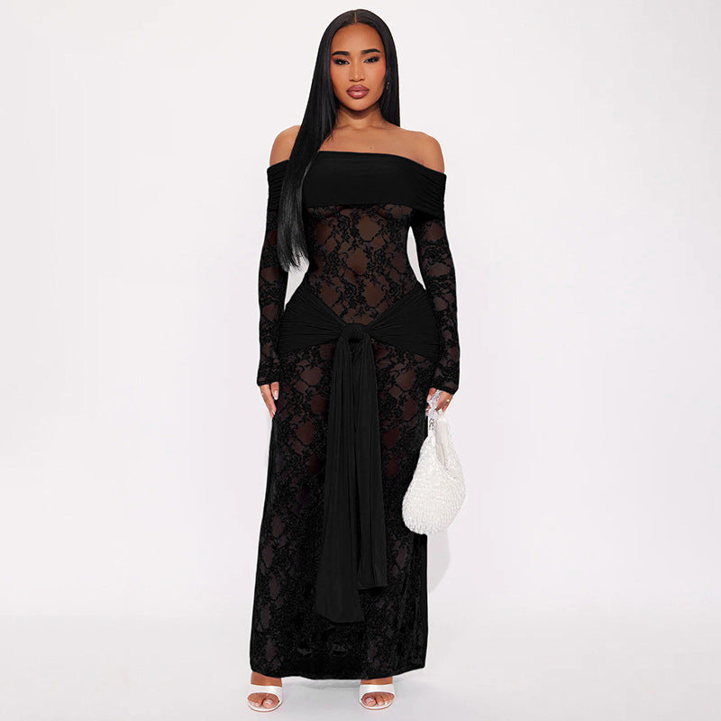 Damen Spitzenkleid mit schulterfreiem Design und taillierter Drapierung Sovae