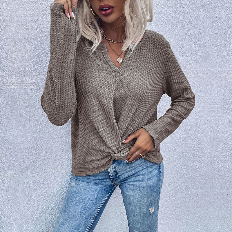 Damen lässiger V-Ausschnitt Pullover mit Knopfdetails und Knotendesign Sovae