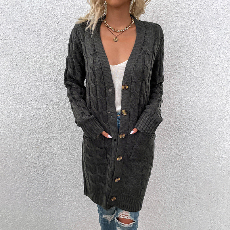 Damen Strickjacke mit tiefem V-Ausschnitt und elegantem Zopfmuster Sovae