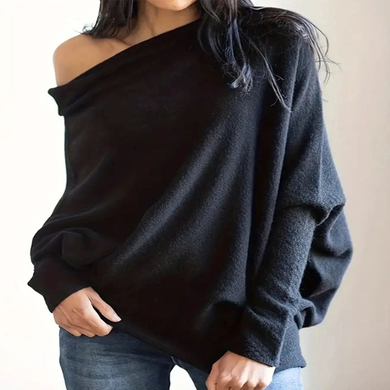 Damen eleganter asymmetrischer Strickpullover mit klarem Rundhalsausschnitt Sovae
