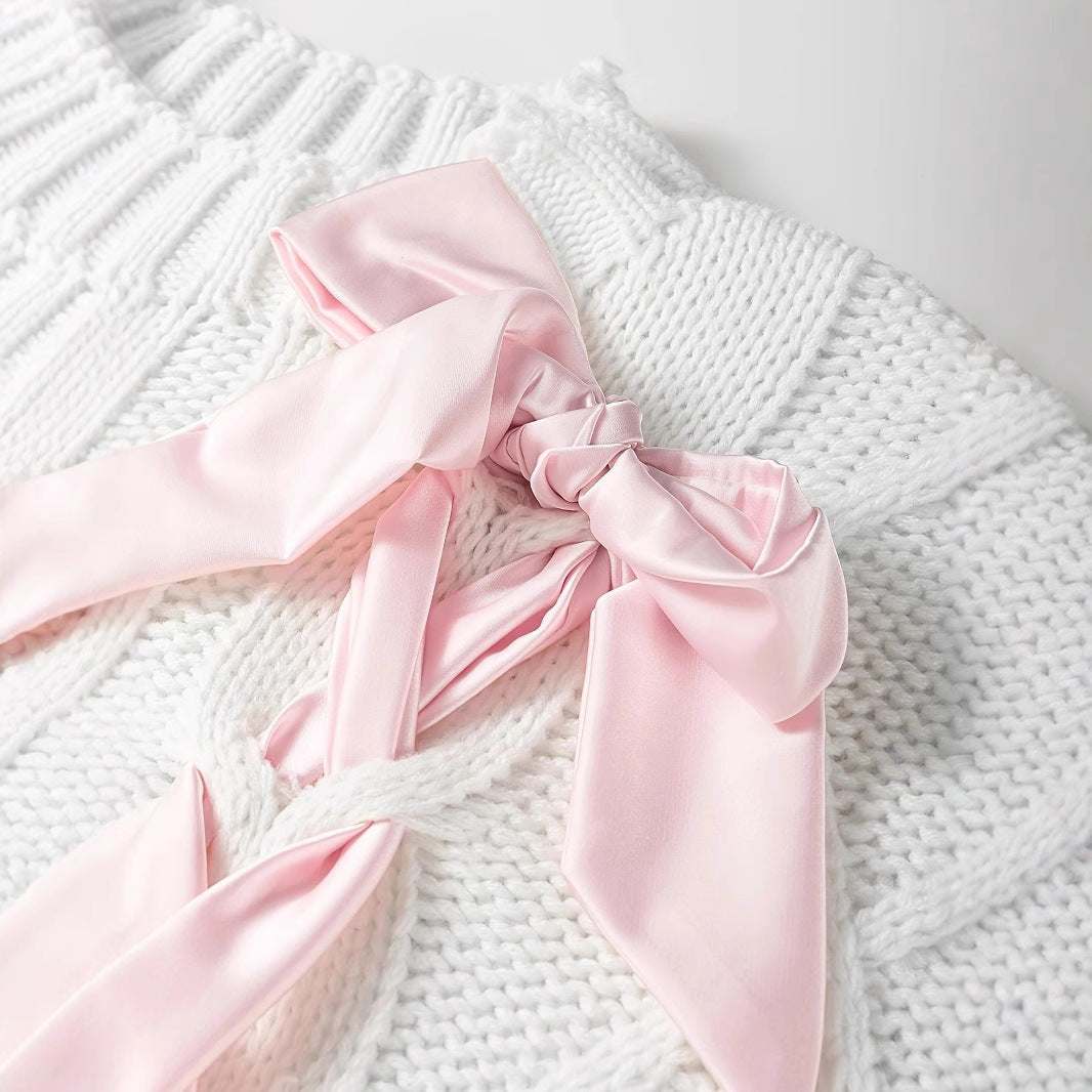 Damen eleganter Strickpullover mit feinen Rüschen und Schleifen Sovae